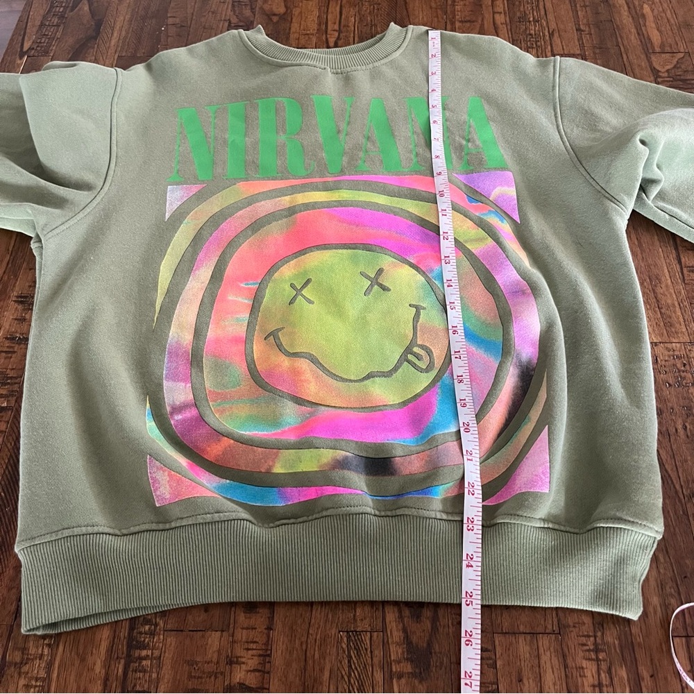 Nirvana Green Multicolor Smiley Face Overdyed Swe… - image 5